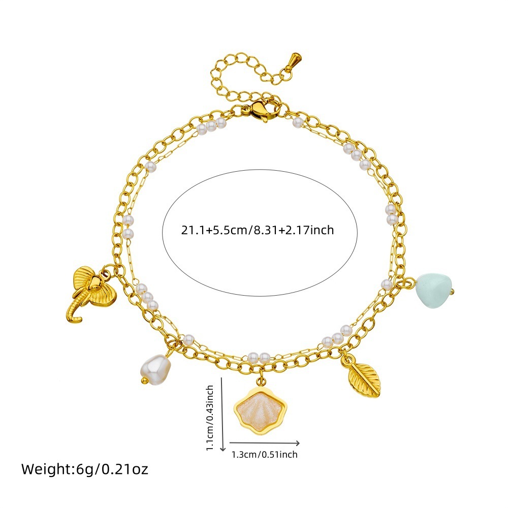 Fashionable new style, unique and fresh, versatile double-layered shell, pearl, elephant, and leaf pendant stainless steel anklet.