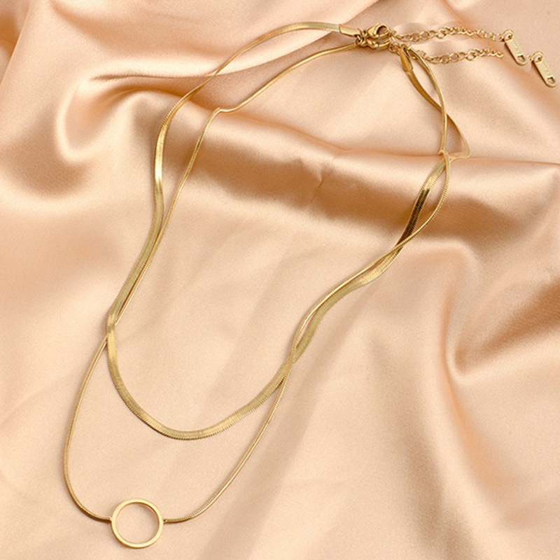 European and American cross-border fashion niche creative high-end double-layer snake chain hollow titanium steel circle pendant necklace