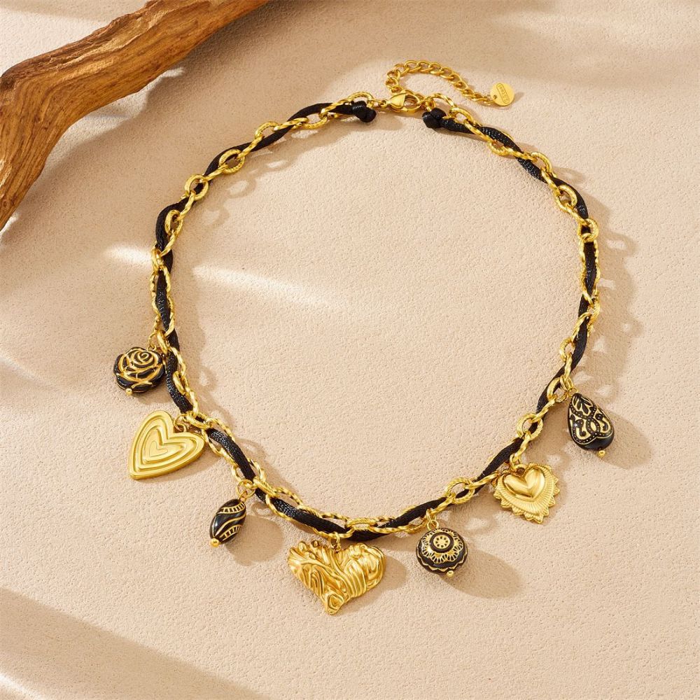 Vintage gold-plated black engraved geometric pendant, woven and wrapped stainless steel chain necklace