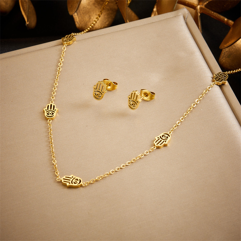 Cross-border fashion gold-plated stainless steel hollowed-out palm accessory chain necklace earrings bracelet jewelry set