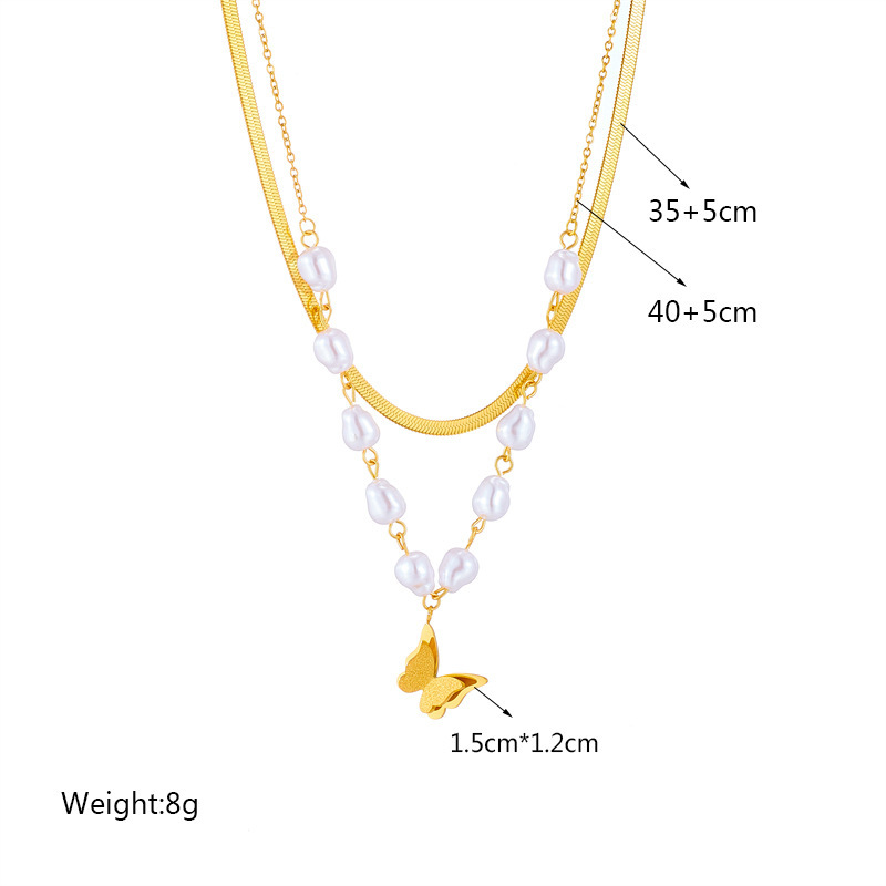 European and American style light luxury double-layer pearl frosted three-dimensional butterfly pendant clavicle chain fashion exquisite niche titanium steel necklace