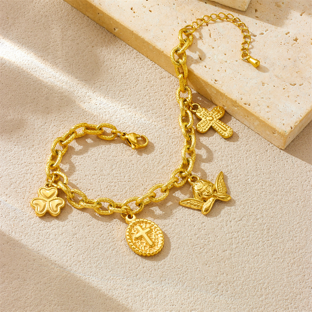 European and American cross-border retro light luxury chunky chain gold-plated stainless steel oval cross angel pendant trendy bracelet for women