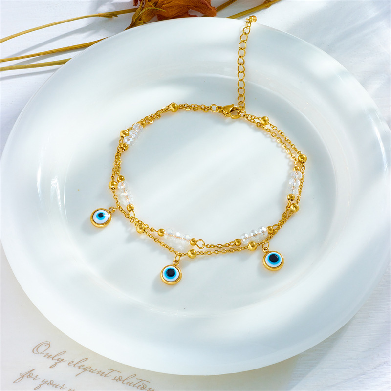 European and American style minimalist beach style turquoise eye pendant beaded chain titanium steel multi-layered anklet