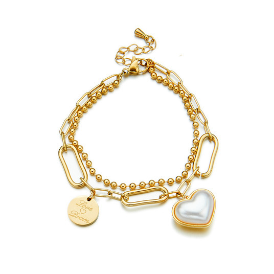 Fashionable retro niche minimalist design irregular double-layer chain heart pearl engraved round pendant bracelet