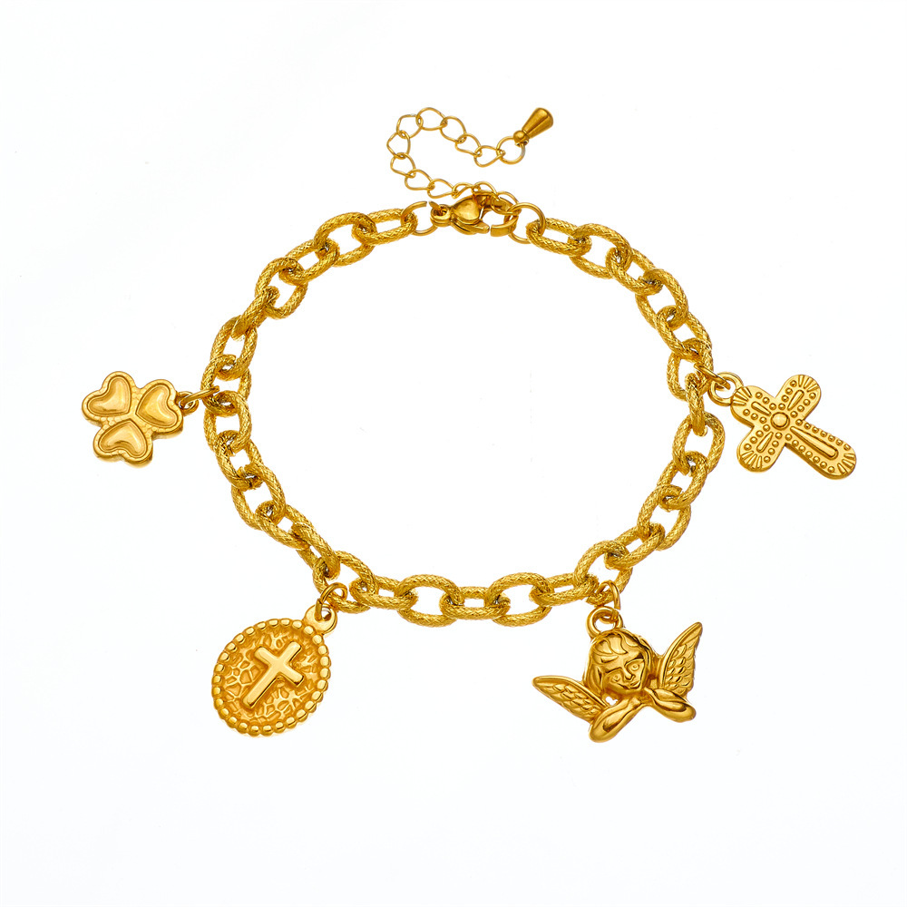 European and American cross-border retro light luxury chunky chain gold-plated stainless steel oval cross angel pendant trendy bracelet for women
