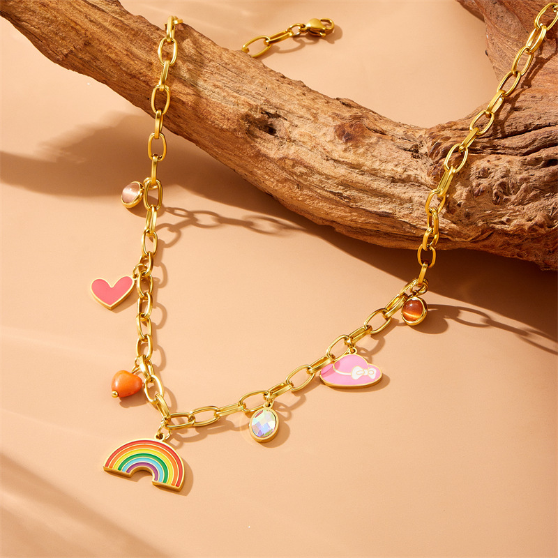 Fashionable cartoon sweet girl simple colorful drip heart rainbow hat pendant chain stainless steel sweatshirt necklace