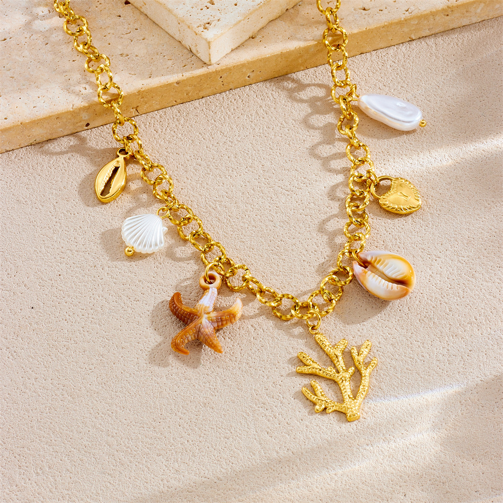 European and American retro ocean resort style starfish, seaweed and seashell accessories fashionable and high-end women's stainless steel necklace