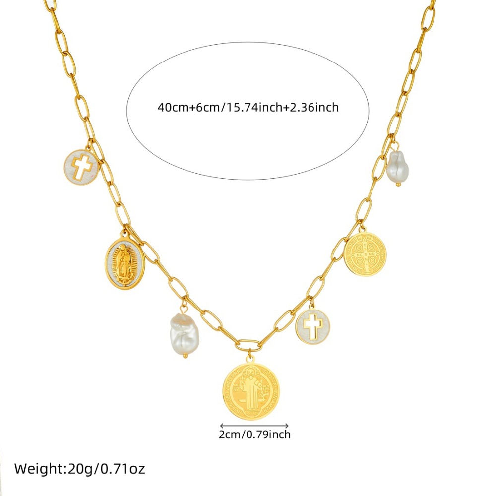 Cross-border European and American retro round pendant portrait pendant hollow cross pendant pearl coin gold-plated stainless steel set