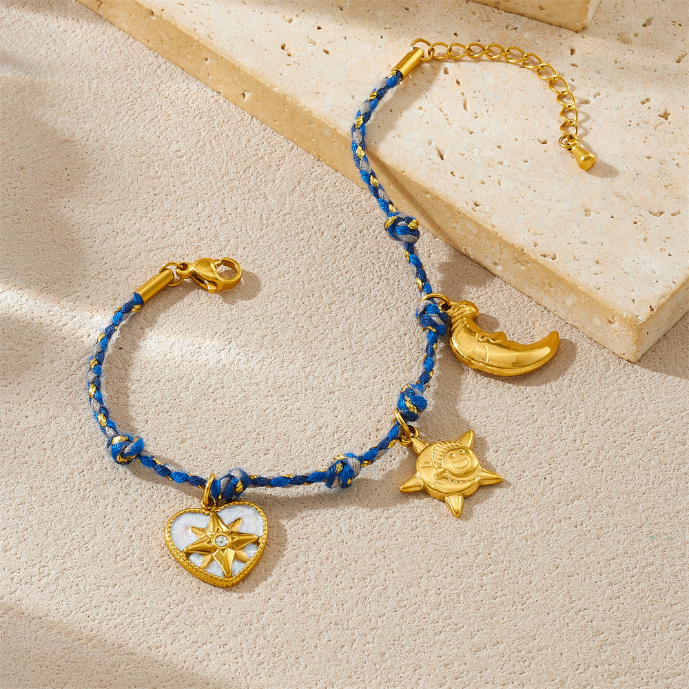 European and American style distressed retro multi-colored cotton rope braided bohemian eight-pointed star heart moon pendant bracelet for women