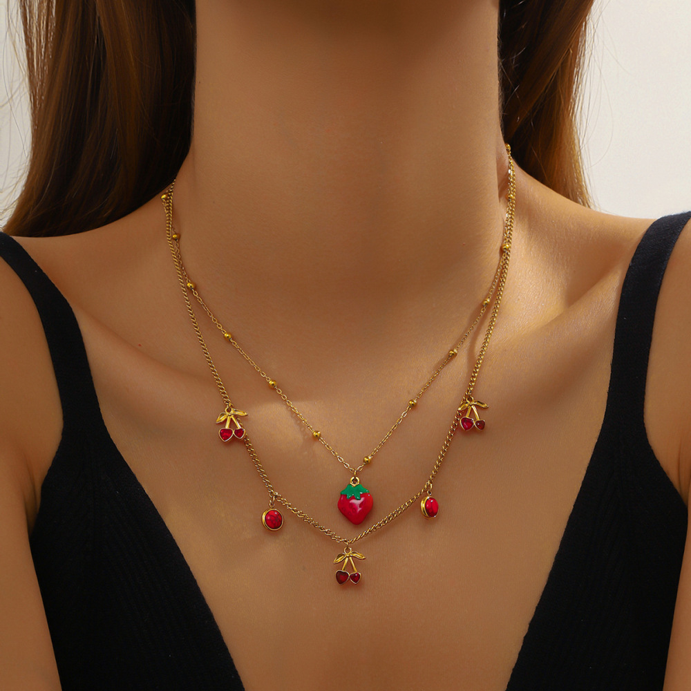 Cross-border fashion cartoon creative fruit series 3D design red drip strawberry cherry apple pendant necklace