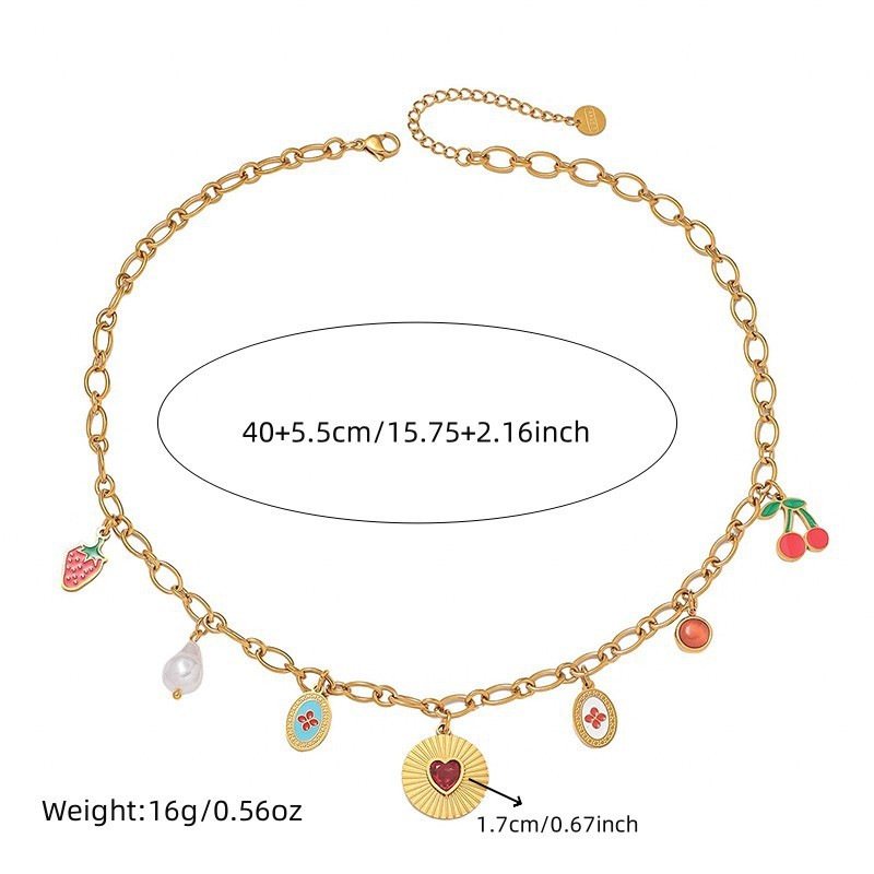 European and American cross-border rainbow flower cherry strawberry seven-color stainless steel necklace pendant cute fashion necklace clavicle chain