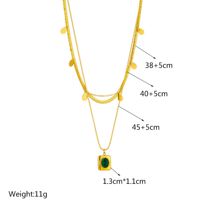 French vintage emerald multi-layered titanium steel necklace, fashionable and trendy geometric square teardrop clavicle chain, lightweight.