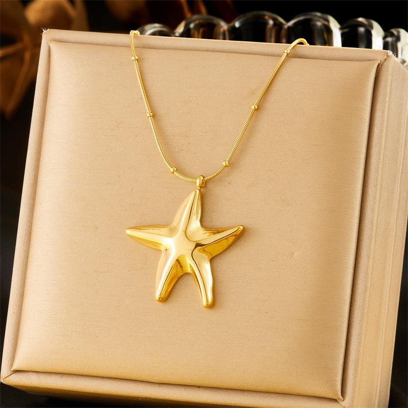 Fashionable, cross-border, elegant, retro, high-end metal stainless steel bow starfish chain double-layer jewelry necklace