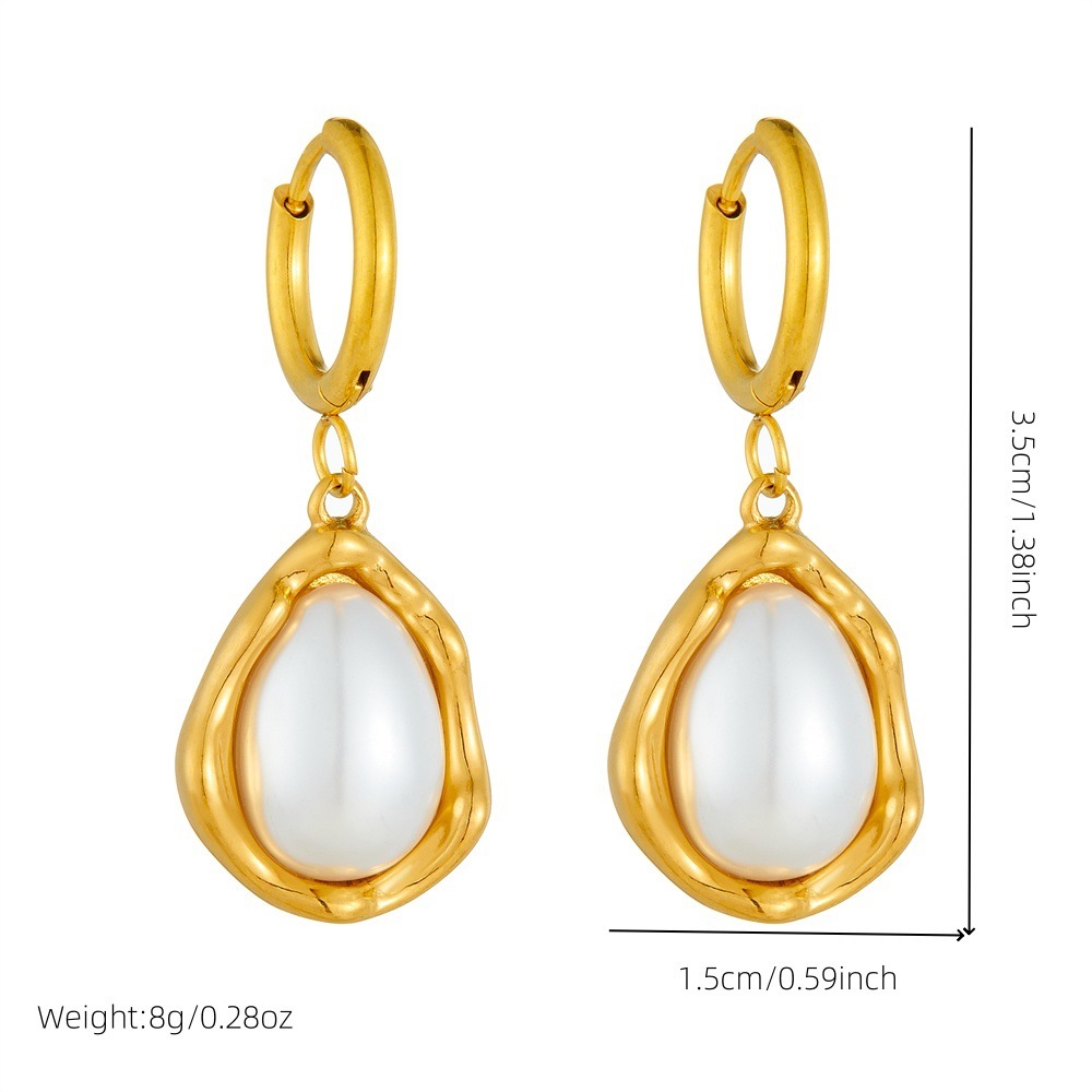 Fashionable retro French-style high-end gold-plated stainless steel large pearl teardrop pendant earrings