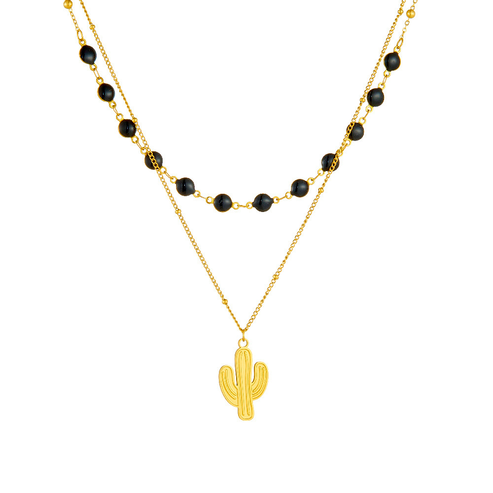 Fashionable and versatile black dotted round accessory heart-shaped pendant sun and moon painted diamond double-layer necklace