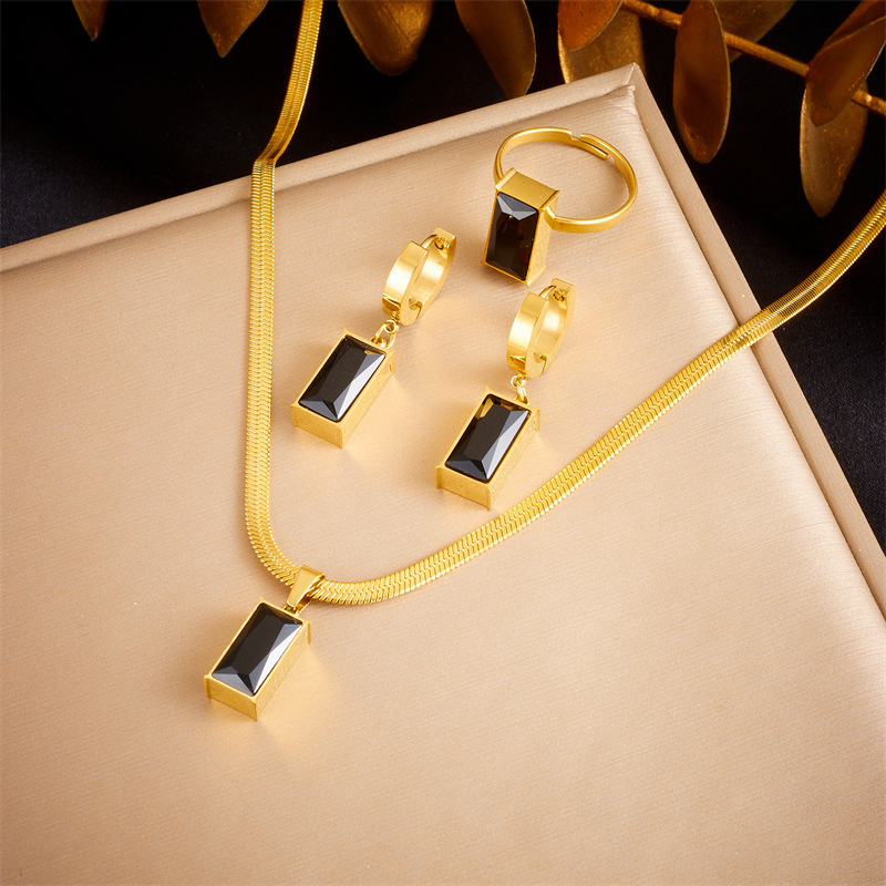 European and American style niche retro inlaid black gemstone square pendant ring earring necklace jewelry set