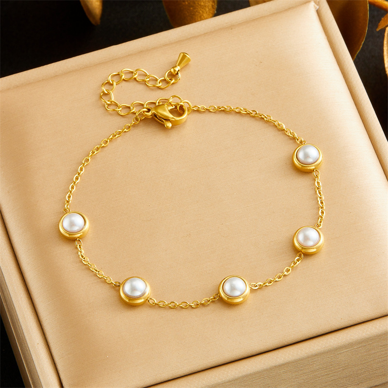 European and American cross-border fashion retro round pearl stainless steel chain accessories bracelet earring necklace jewelry set