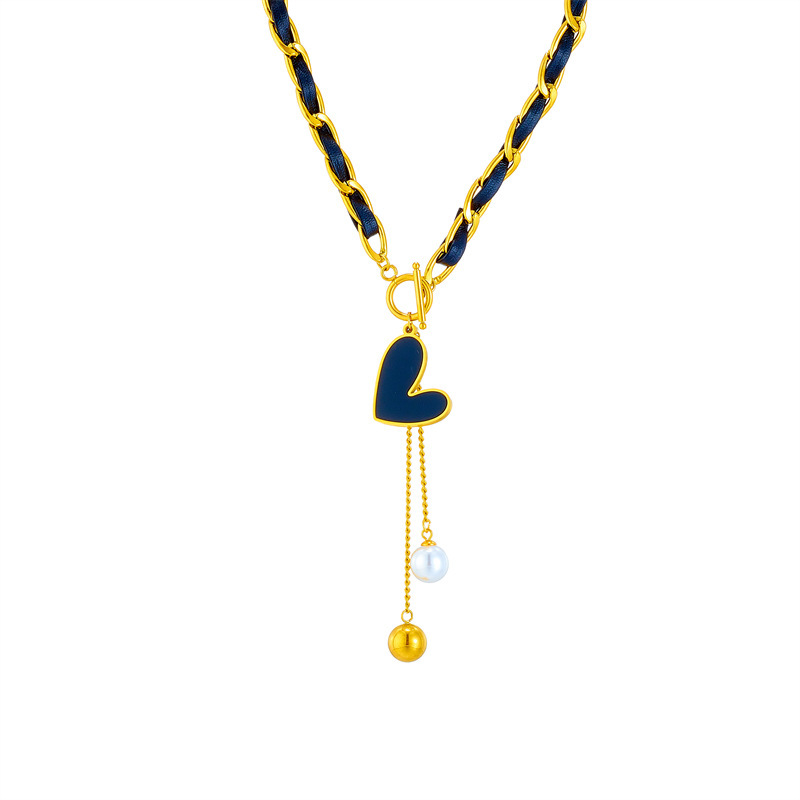 European and American cross-border titanium steel black and gold two-tone chain heart-shaped tassel pendant jewelry with a minimalist style