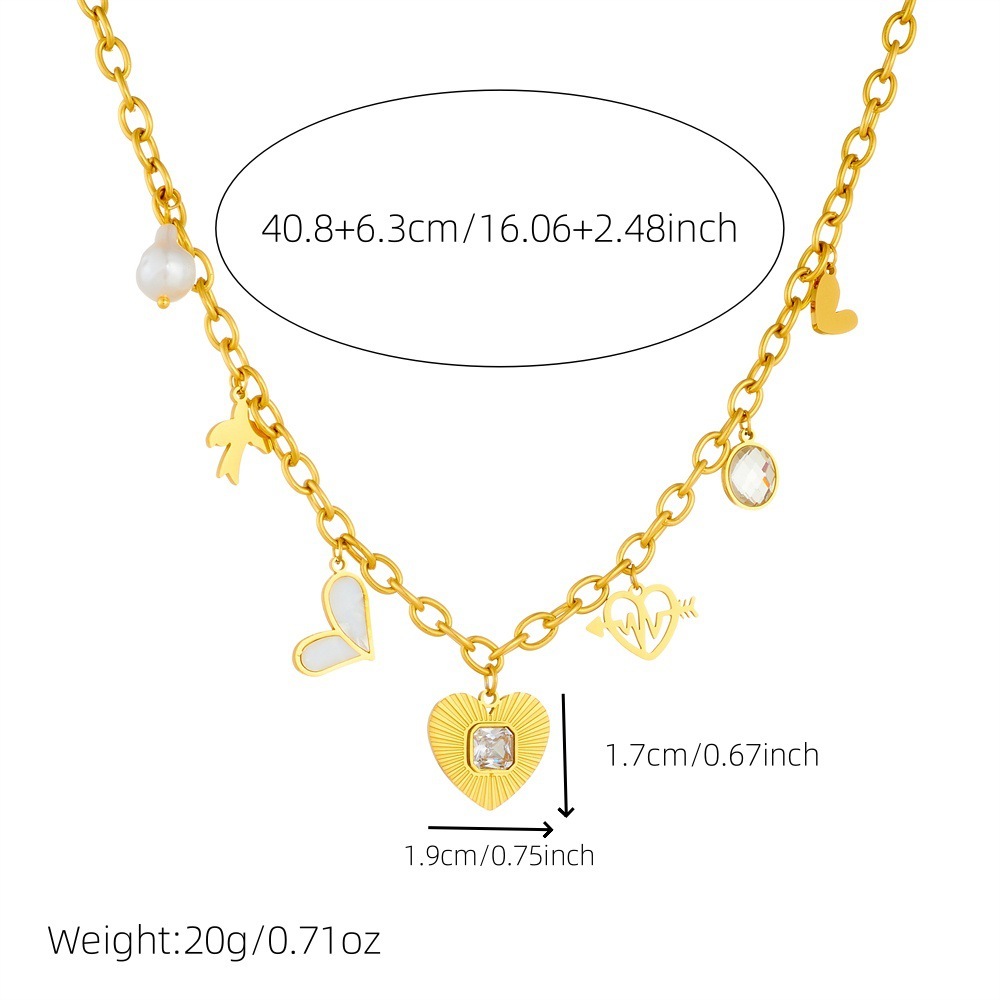 New cross-border style, unique multi-element design, diamond-encrusted arrow-pierced heart pendant chain stainless steel necklace