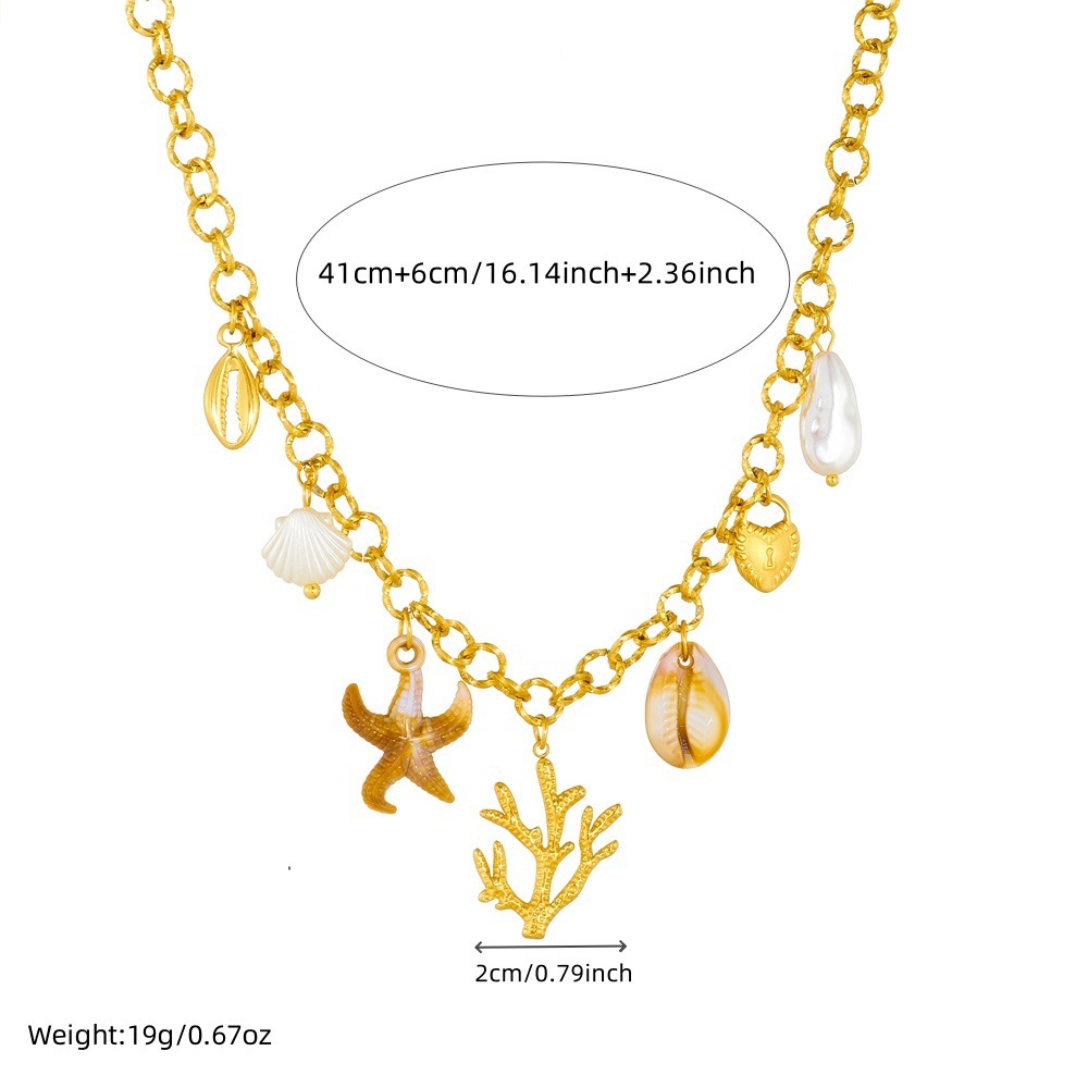 European and American retro ocean resort style starfish, seaweed and seashell accessories fashionable and high-end women's stainless steel necklace