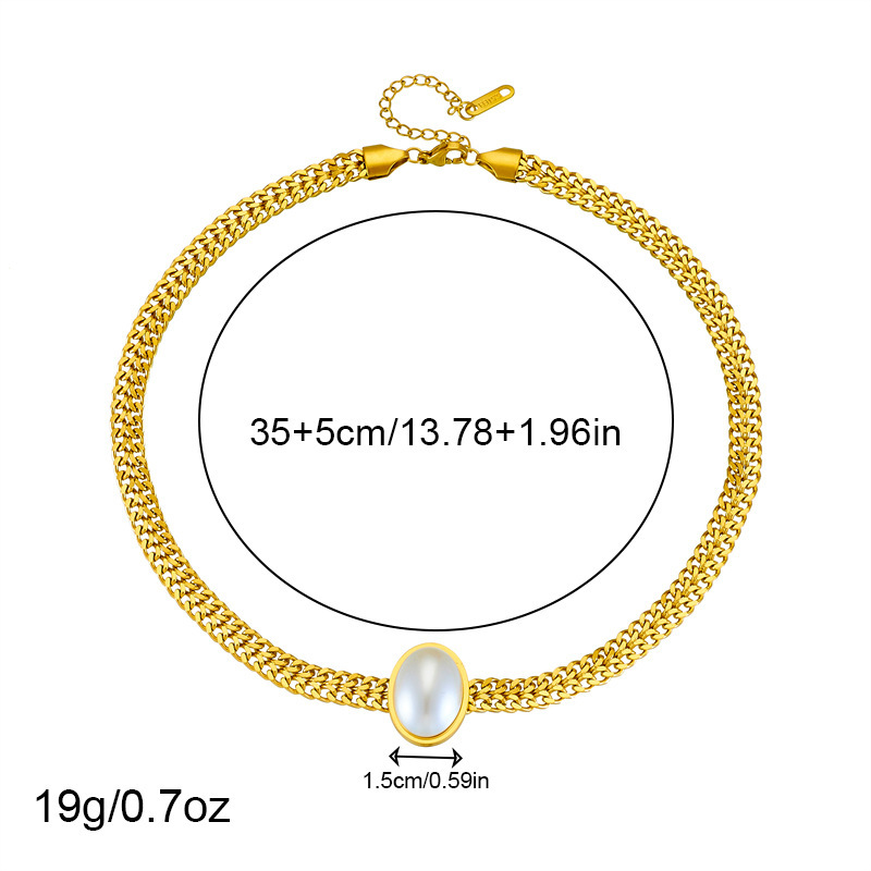 European and American style retro minimalist gold-plated stainless steel oval pearl accessories jewelry set: earrings, rings, and necklaces.