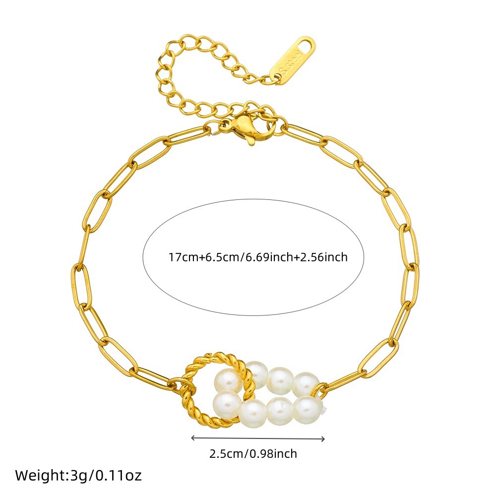Niche fashion, retro and minimalist style, faux pearl knotted round oval gold-plated shell accessory chain bracelet
