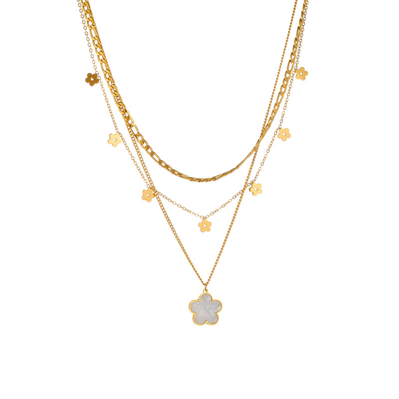 Korean style, fashionable, versatile, retro, gold-plated flower stainless steel pendant chain, multi-layered jewelry necklace.