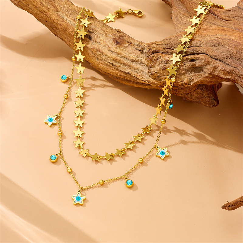 Exotic trendy double-layered five-pointed star epoxy choker necklace, rectangular green diamond and turquoise eye necklace, stainless steel.