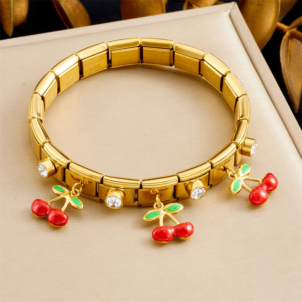 Fashionable cartoon dripping realistic cherry pendant, diamond-encrusted gold-plated stainless steel geometric square round bracelet