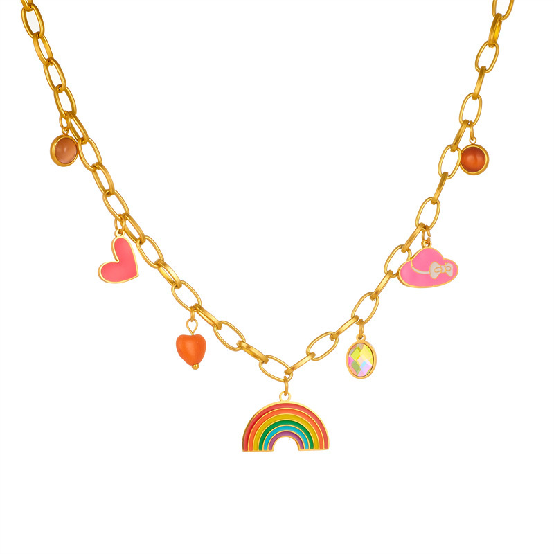 Fashionable cartoon sweet girl simple colorful drip heart rainbow hat pendant chain stainless steel sweatshirt necklace