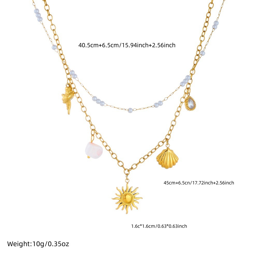 Ocean Series Stainless Steel Double-Layer Stacked Necklace with Xiaomi Pearl Star Seashell Pendant - Fashionable and Versatile Clavicle Chain