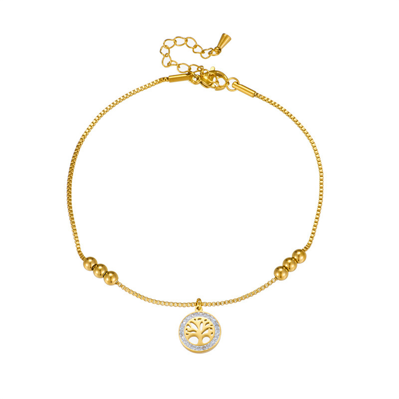 Niche New High-End Luxury Minimalist Gold Titanium Steel Tree of Life Pendant with Gold Bead Chain Anklet