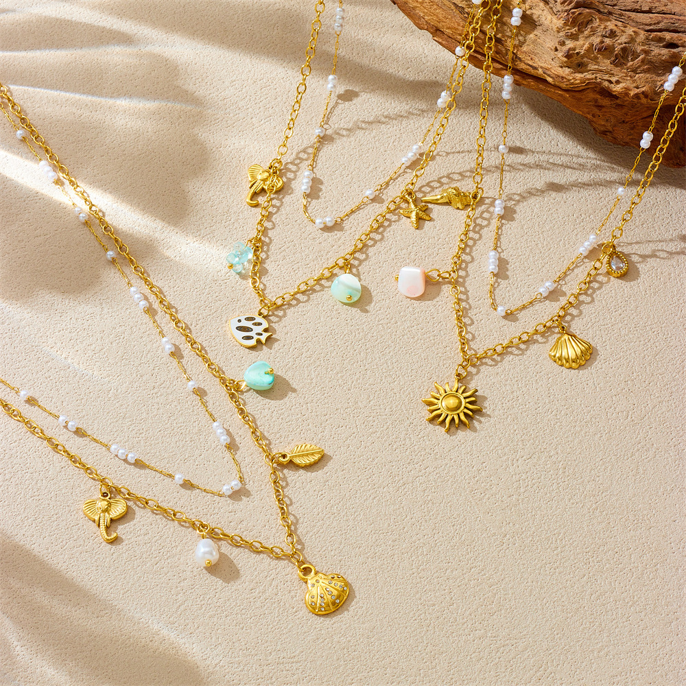 Ocean Series Stainless Steel Double-Layer Stacked Necklace with Xiaomi Pearl Star Seashell Pendant - Fashionable and Versatile Clavicle Chain