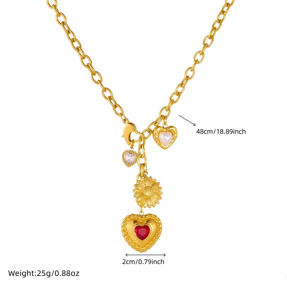 Cross-border fashion retro multi-element design gold-plated diamond-encrusted heart sunflower pendant chain tassel necklace