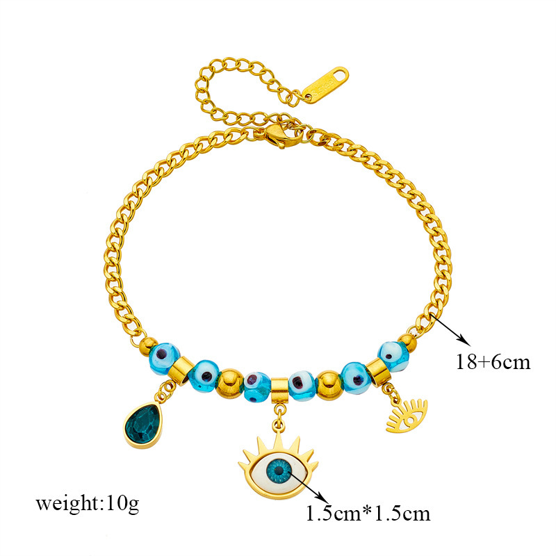 European and American cross-border fashion trend blue eye beaded pendant teardrop titanium steel chain jewelry versatile metal bracelet