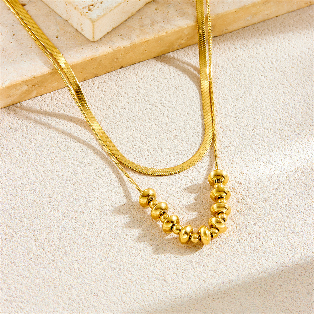 Stylish and minimalist gold-plated 18K stainless steel stacked double-layer geometric oval beaded necklace