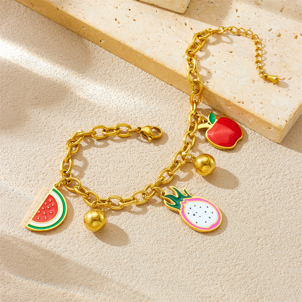 Cross-border cute cartoon fruit dripping accessories dragon fruit watermelon apple pendant chain stainless steel bracelet crystal