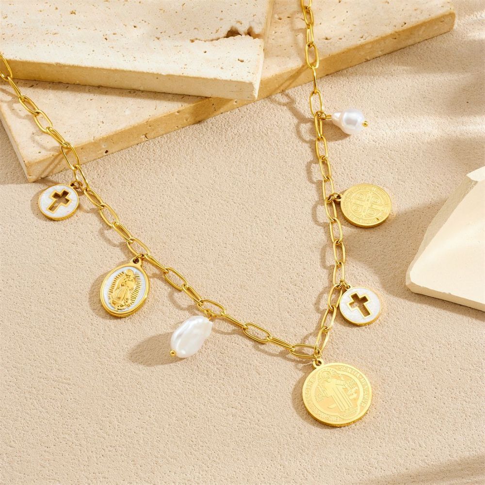 Cross-border European and American retro round pendant portrait pendant hollow cross pendant pearl coin gold-plated stainless steel set