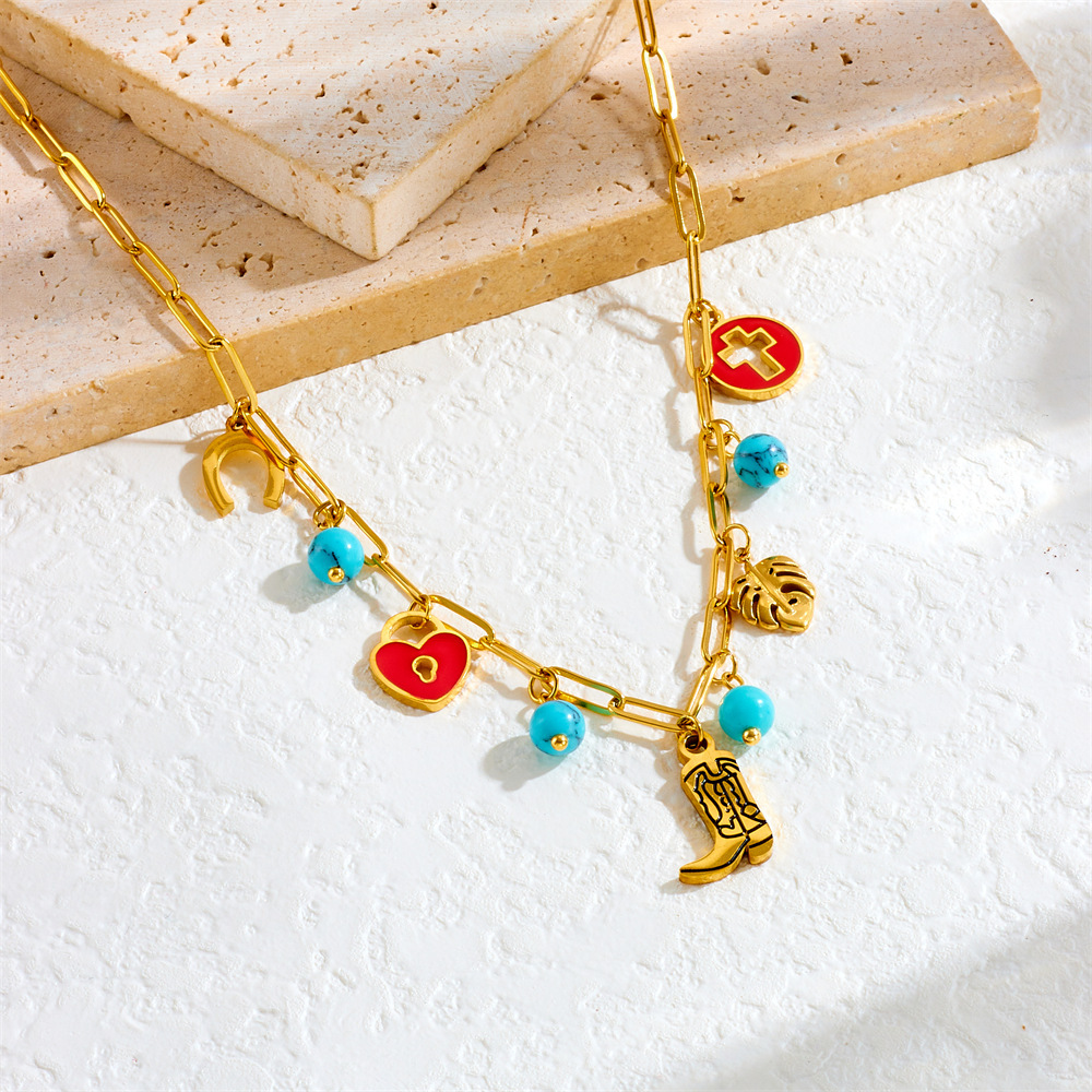 Cross-border fashion retro red dripping round hollow cross heart lock leaf boot pendant chain necklace