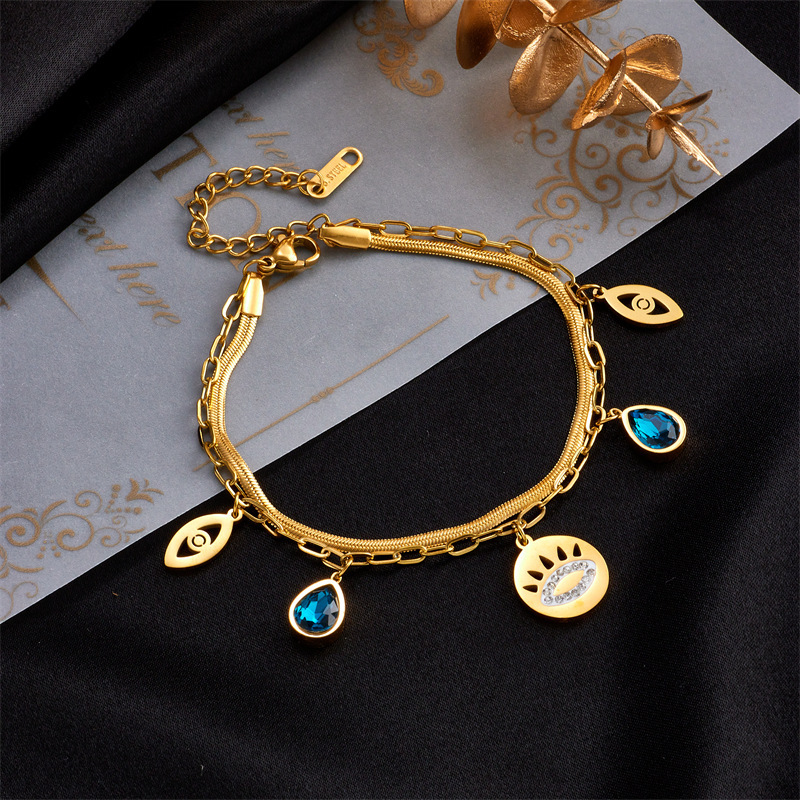 European and American cross-border fashion minimalist metal titanium steel retro blue diamond teardrop hollow eye double chain bracelet