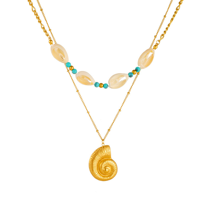 Cross-border retro trendy turquoise, conch, and seashell accessories, double-layer chain, stackable stainless steel necklace