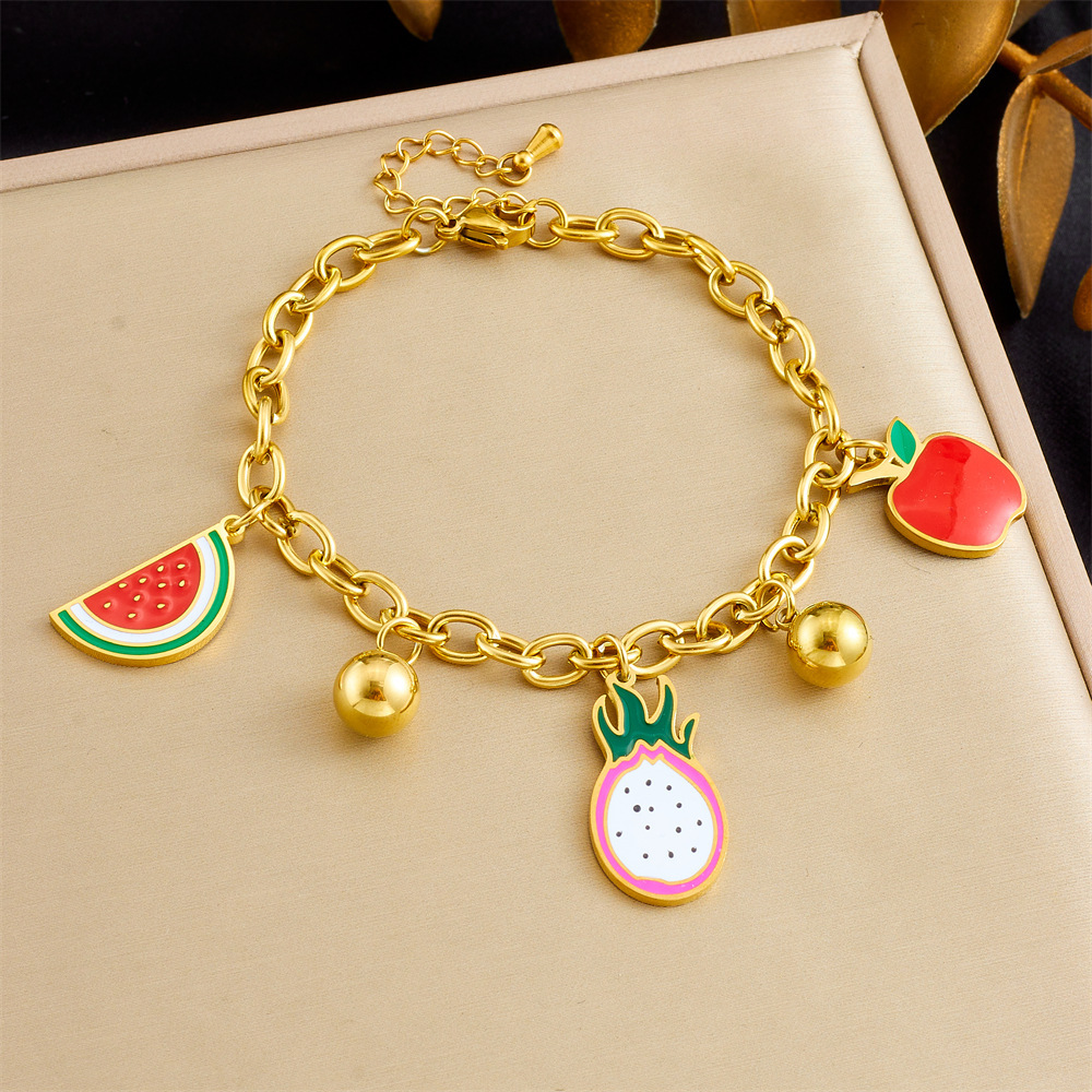 Cross-border cute cartoon fruit dripping accessories dragon fruit watermelon apple pendant chain stainless steel bracelet crystal