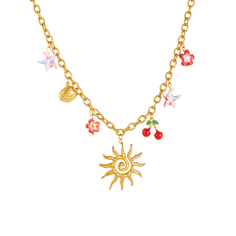 Cross-border fashion summer sunflower starfish cherry drip pendant gold-plated stainless steel O-chain clavicle necklace