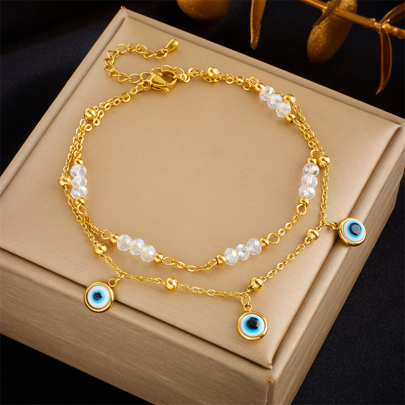 European and American style minimalist beach style turquoise eye pendant beaded chain titanium steel multi-layered anklet