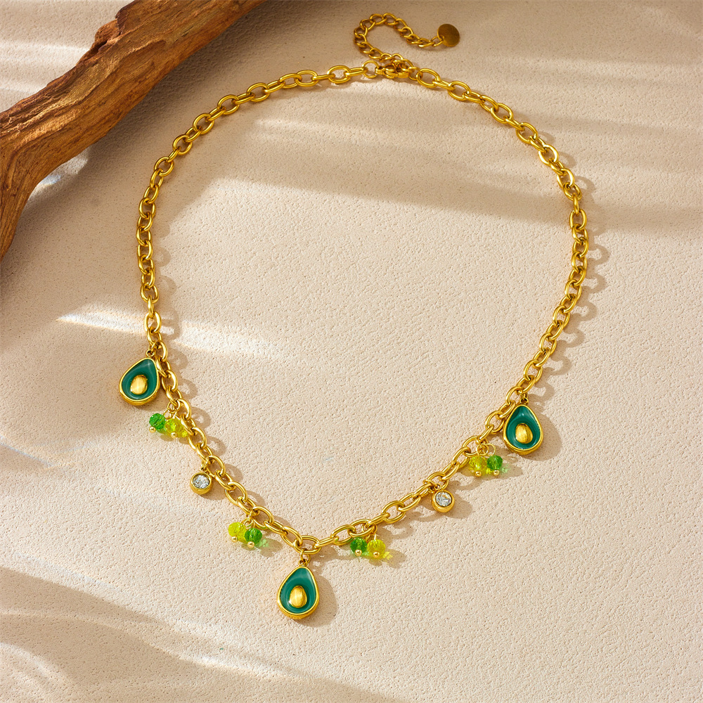 Cross-border fashion creative personalized cartoon dripping fruit avocado pendant chain stainless steel gold-plated necklace