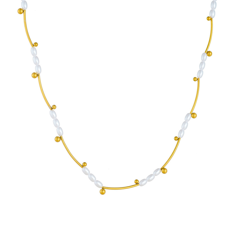 French retro style, light luxury oval pearl long bar with gold-plated stainless steel choker necklace