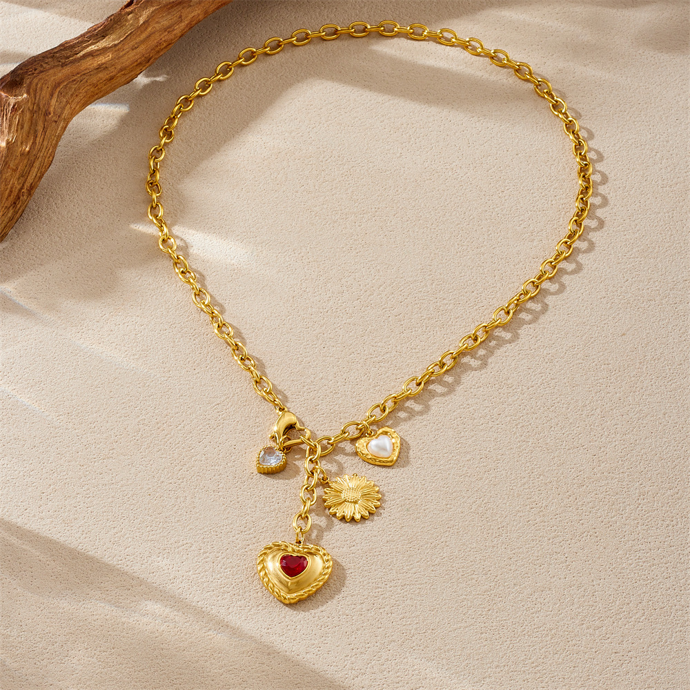 Cross-border fashion retro multi-element design gold-plated diamond-encrusted heart sunflower pendant chain tassel necklace