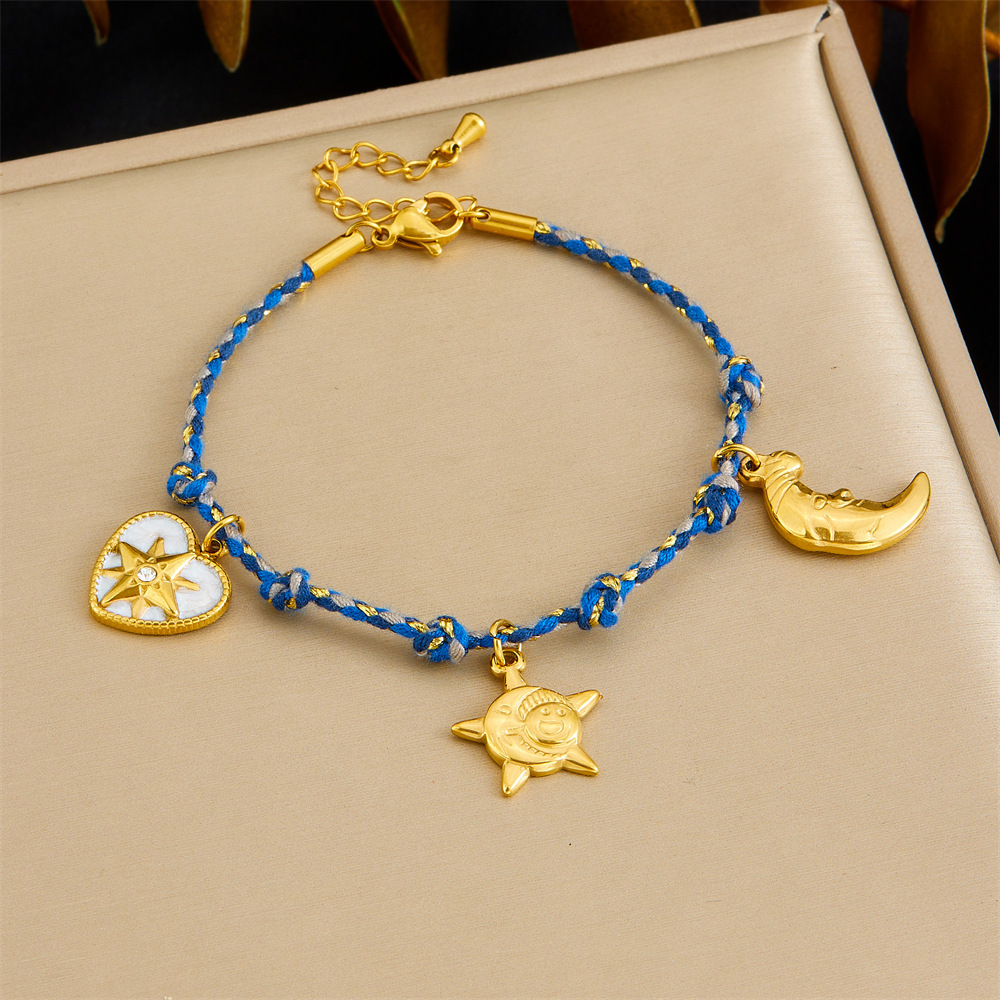 European and American style distressed retro multi-colored cotton rope braided bohemian eight-pointed star heart moon pendant bracelet for women