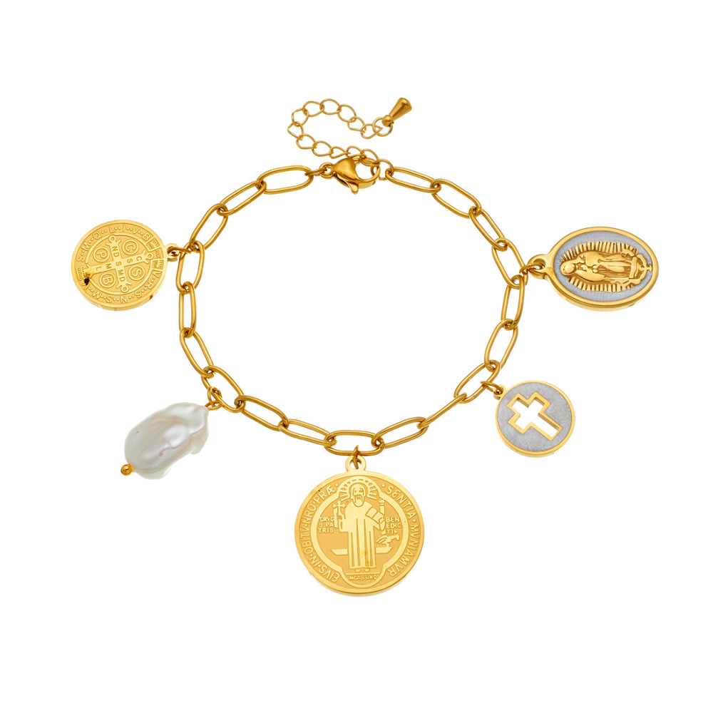 Cross-border European and American retro round pendant portrait pendant hollow cross pendant pearl coin gold-plated stainless steel set