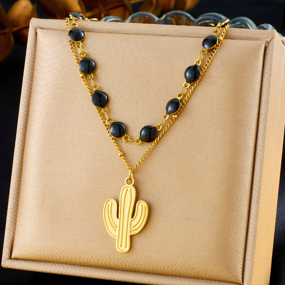 Fashionable and versatile black dotted round accessory heart-shaped pendant sun and moon painted diamond double-layer necklace